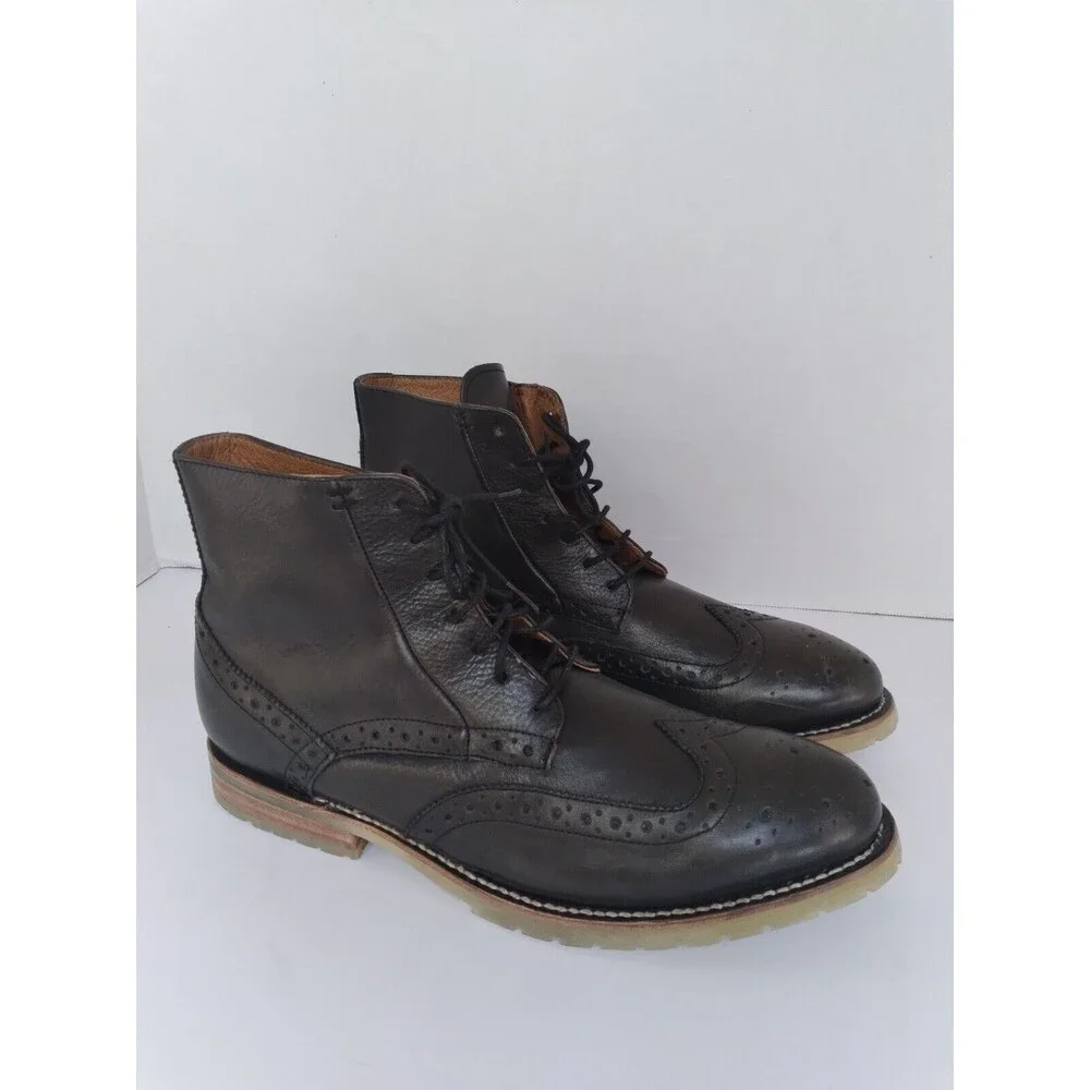 Classic Leather Wingtip Combat‎ Boots Black Brogue Lace-up Ankle Boots.